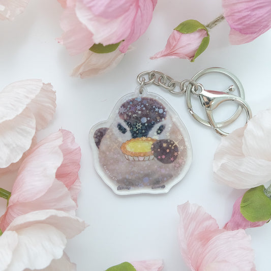 ✿Free Shipping✿ : : Sparkling Keychain: : 🌱Sparrow is eating hot egg tart