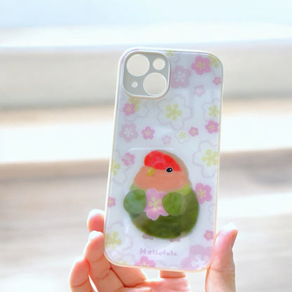 : : 花柄春鳥電話ケース: : 🌱ラブバードの赤ちゃんとピンクの桜